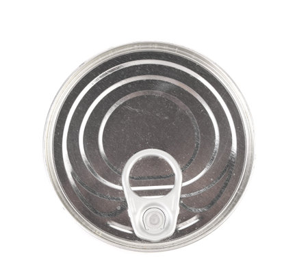 Metal tin conserve can, top view. White background.