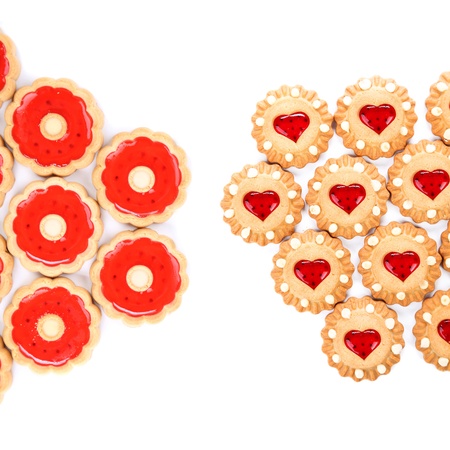 Heart and round shaped strawberry biscuits  White background の写真素材