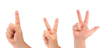 Hands show the countdown up to three. White background.の写真素材