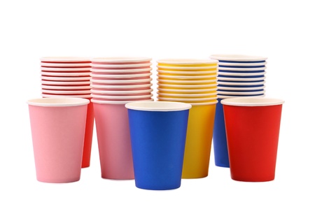 Colorful paper coffee cup. Isolated on a white background.の写真素材