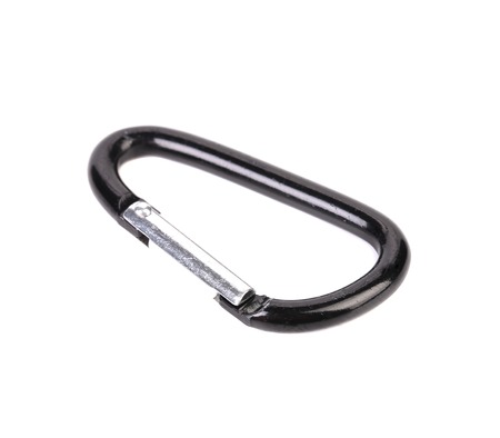Black metal aluminium Carabiner on a white backgroundの写真素材