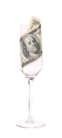 One hundred dollar banknote in the glass. Isolated on a white background.の写真素材