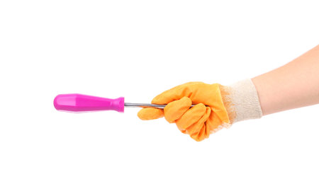 Hand holding screwdriver. Isolated on a white background.の写真素材