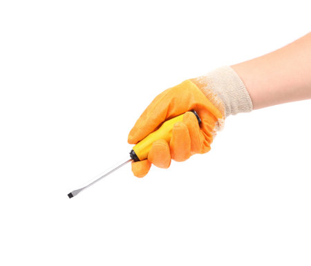 Hand holding screwdriver. Isolated on a white background.の写真素材