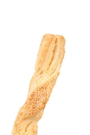 Close up of cheese sticks with seeds. Isolated on a white background.