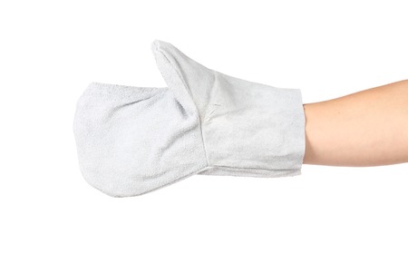 White working gauntlet on hand. Isolated on a white background.の写真素材