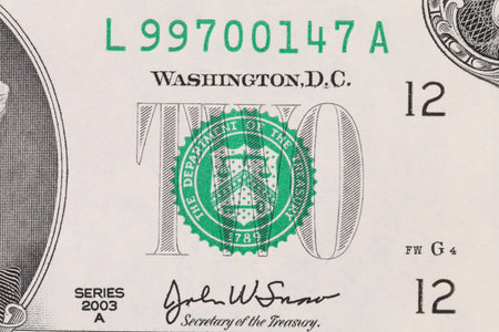 Closeup of two dollar bill. Whole background.
