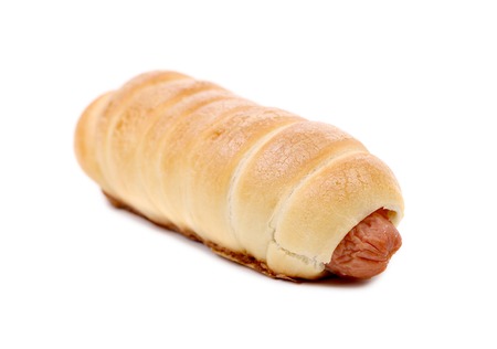 Close up of baked hot dog. Isolated on white background.の写真素材