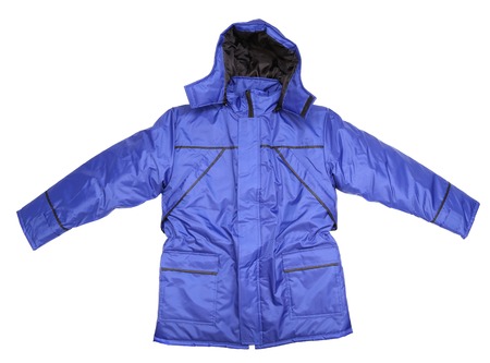 Close up of man's blue jacket. Isolated on a white background.の写真素材