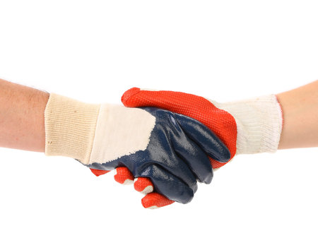 Two hands in gloves of hand shake. Isolated on a white background