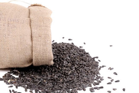 Sack with black sunflower seeds. Whole background.の写真素材