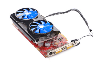 Powerful computer cooler with blue fun. Isolated on the white background.