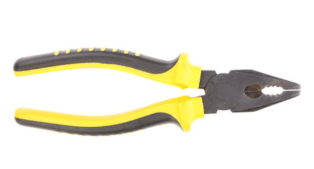 Close up of pliers black - yellow. Isolated on a white background.