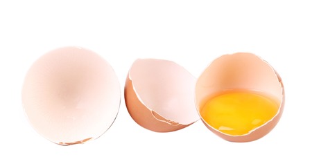 Pieces of broken eggs. Isolated on a white background.の写真素材