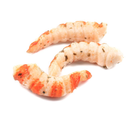 Three cooked unshelled tiger shrimps. Isolated on a white background.の写真素材
