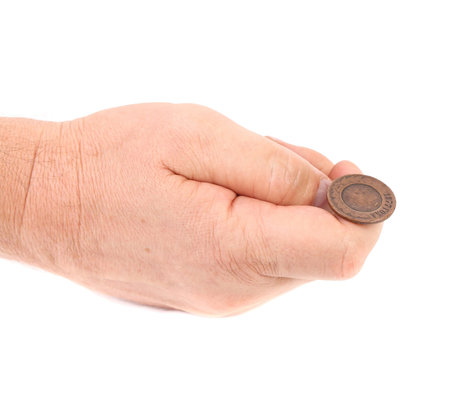 one coin in hande on white backgrounde