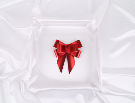 white silk  with Red bow. Close up.