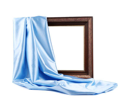 Wooden frame with blue silk. On a white background.の写真素材