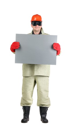 Welder in hard hat with paper. Isolated on a white background.の写真素材