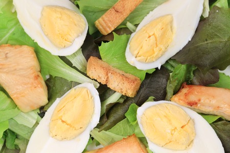 Close up of caesar salad. Whole background.の写真素材