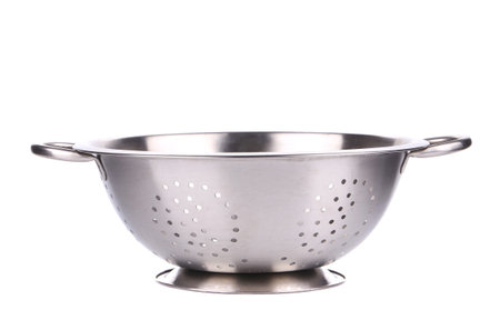Empty silver colander. Isolated on a white background.