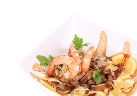 Shrimp salad with mushrooms. Isolated on a white background.の写真素材