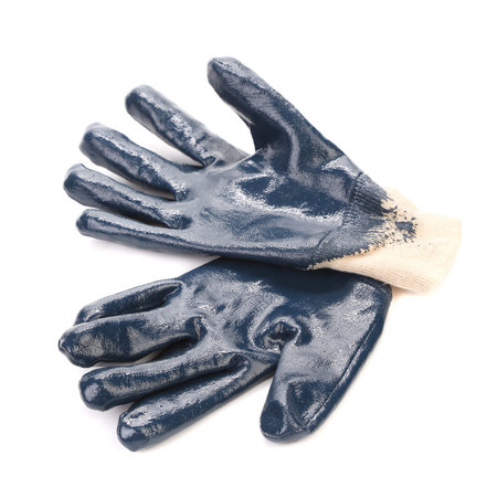Blue rubber work gloves. Isolated on a white .