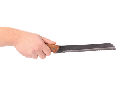 Hand holding high-quality bread knife. Isolated on a white background.の写真素材