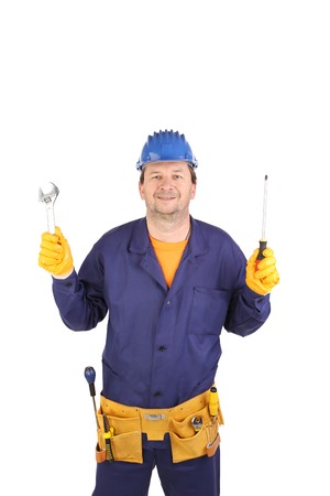 Worker holding screwdriver  Isolated on a white background の写真素材