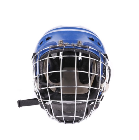 Blue hockey goalie mask. Isolated on a white background.の写真素材