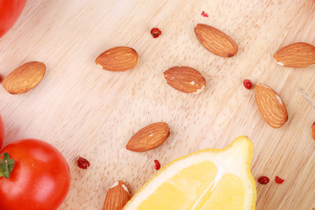 Almonds on wooden の写真素材