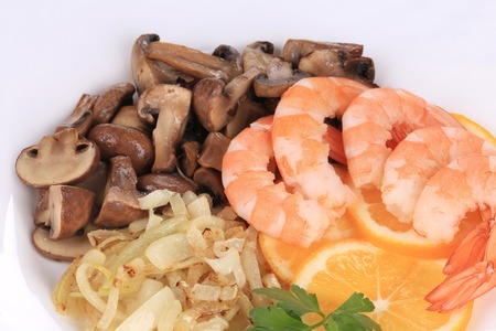 Shrimp salad with mushrooms. Close up. Whole background.の写真素材