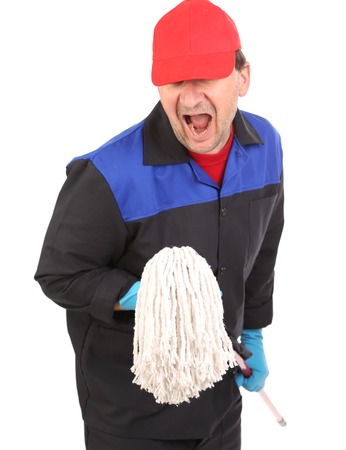 Man in workwear with mop. の写真素材
