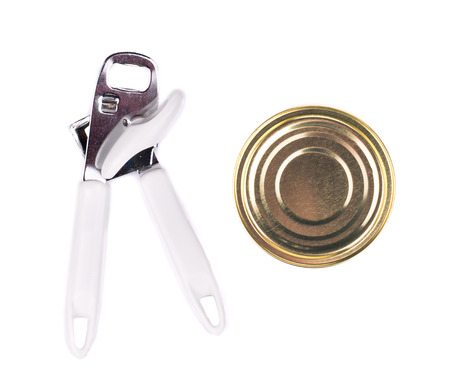 Can and opener close up. Isolated on a white background.の写真素材