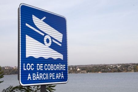 Index mark. Sign indicating a descent place floating facilities for water.の写真素材