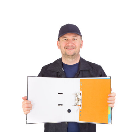 Worker holding and showing folder. Isolated on a white background.