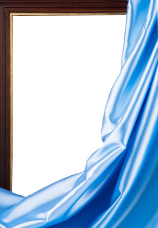 Wooden frame with blue silk. On a white .の写真素材