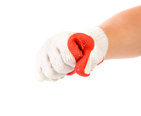 Worker hand glove clenching fist. Isolated on a white background.