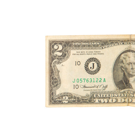 United States two dollar bill. Isolated on a white background.