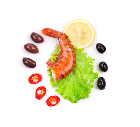 Shrimp close up on white. Isolated on a white background.の写真素材