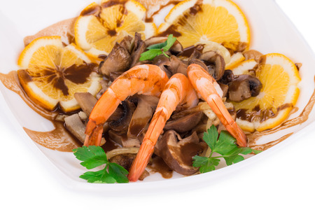 Shrimp salad with mushrooms. Isolated on a white background.の写真素材