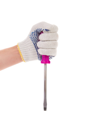 Hand holding screwdriver. Isolated on a white background.の写真素材
