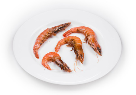 Close up of fresh boiled shrimps. Isolated on white background.の写真素材