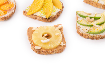 healthy fruit sandwiches on a white backgroundの写真素材