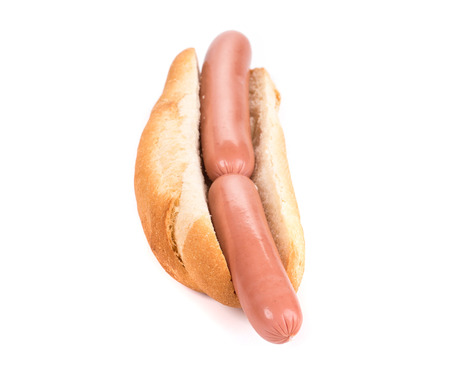 hotdog with two sausages. Isolated on a white background.の写真素材