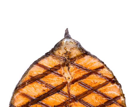 Grilled salmon steak. Isolated on a white background.の写真素材