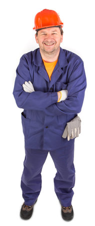 Worker in red protective helmet. Isolated on a white background.