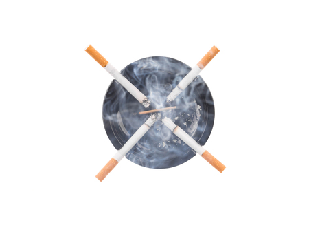 Black ashtray and smoking cigarettes. Isolated on a white background.の写真素材