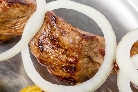 Traditional beef shish kebab on skewers. Macro. Can be used as a whole background.の写真素材