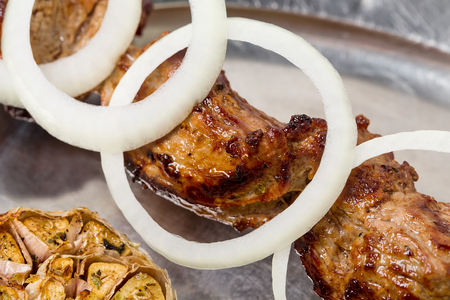 Traditional beef shish kebab on skewers. Macro. Can be used as a whole background.の写真素材